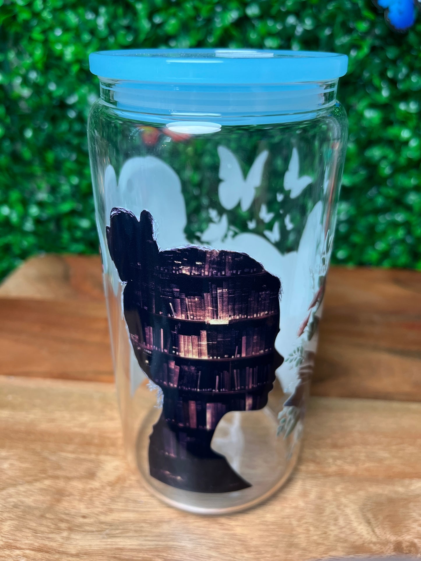 16oz Butterfly Books Girl UVDTF Glass Cup