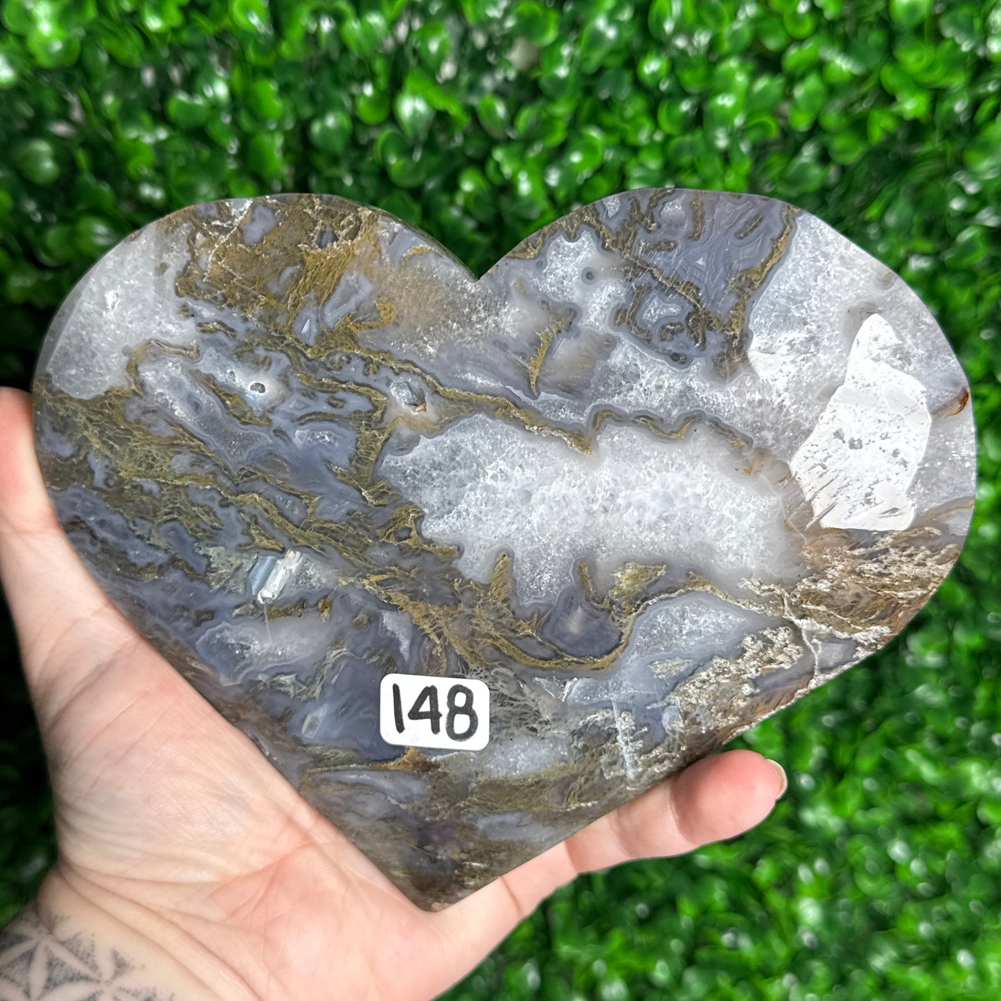 Large statement Moss Agate Heart on a stand