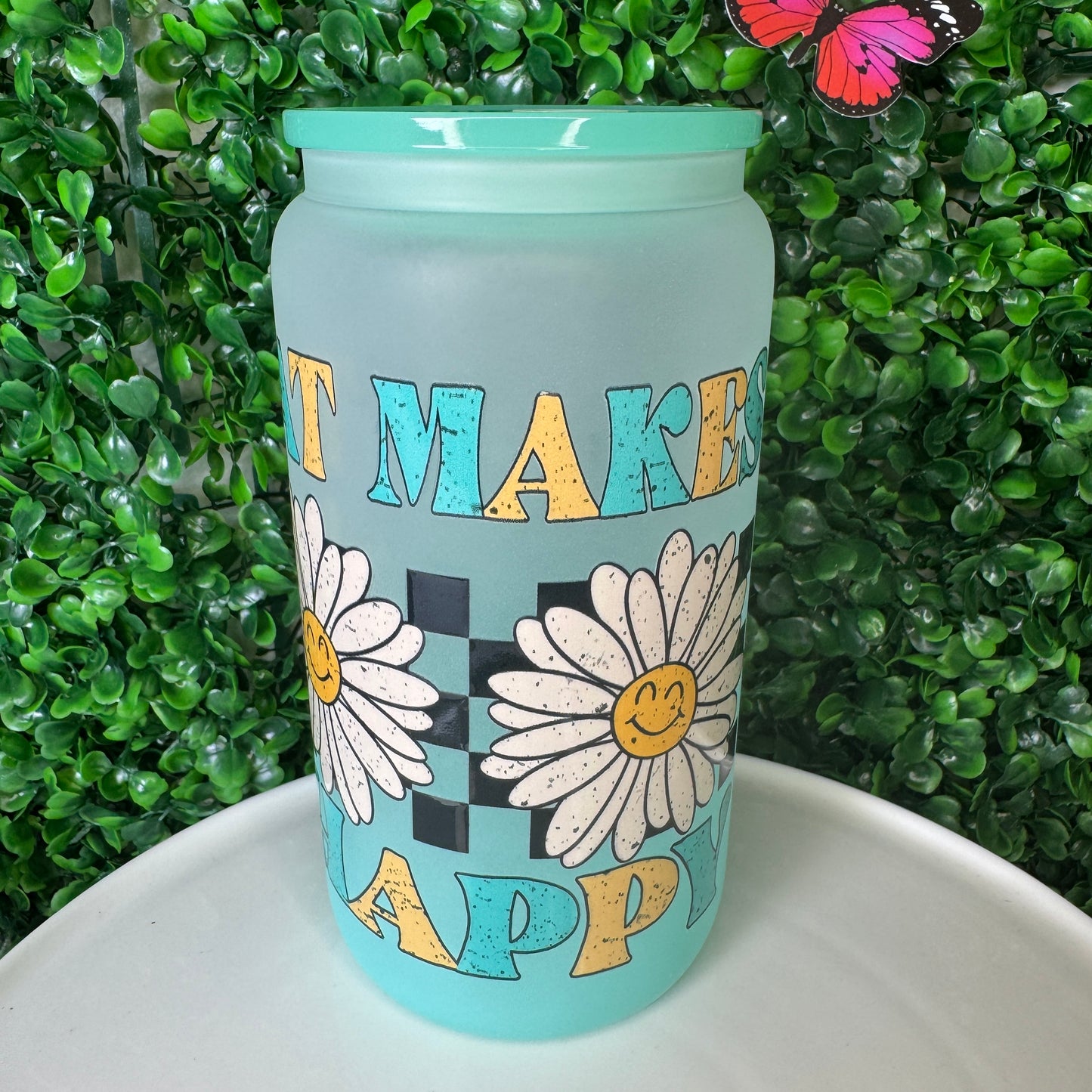 16oz Mint Green Glass what makes you happy UVDTF cup
