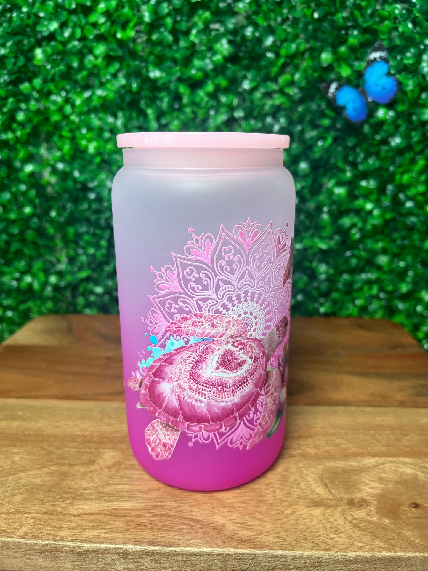 16oz Turtle Flower UVDTF Glass Cup