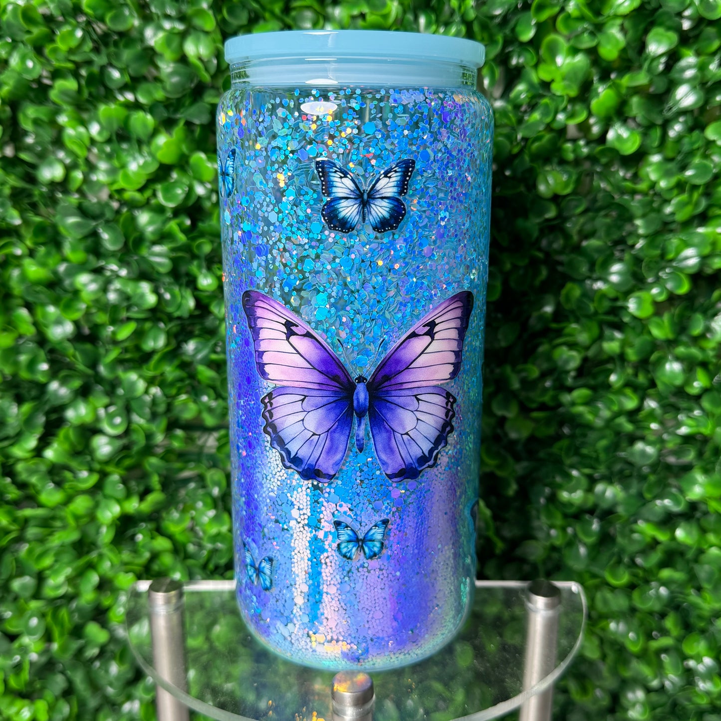 20oz Blue Butterfly UVDTF Glass glitter Snowglobe cup