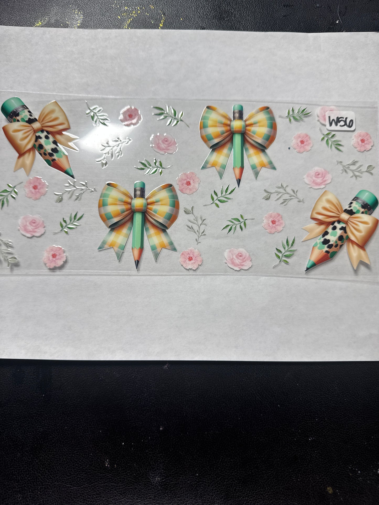 W 56 teal pencil, bows and flowers uvdtf weak