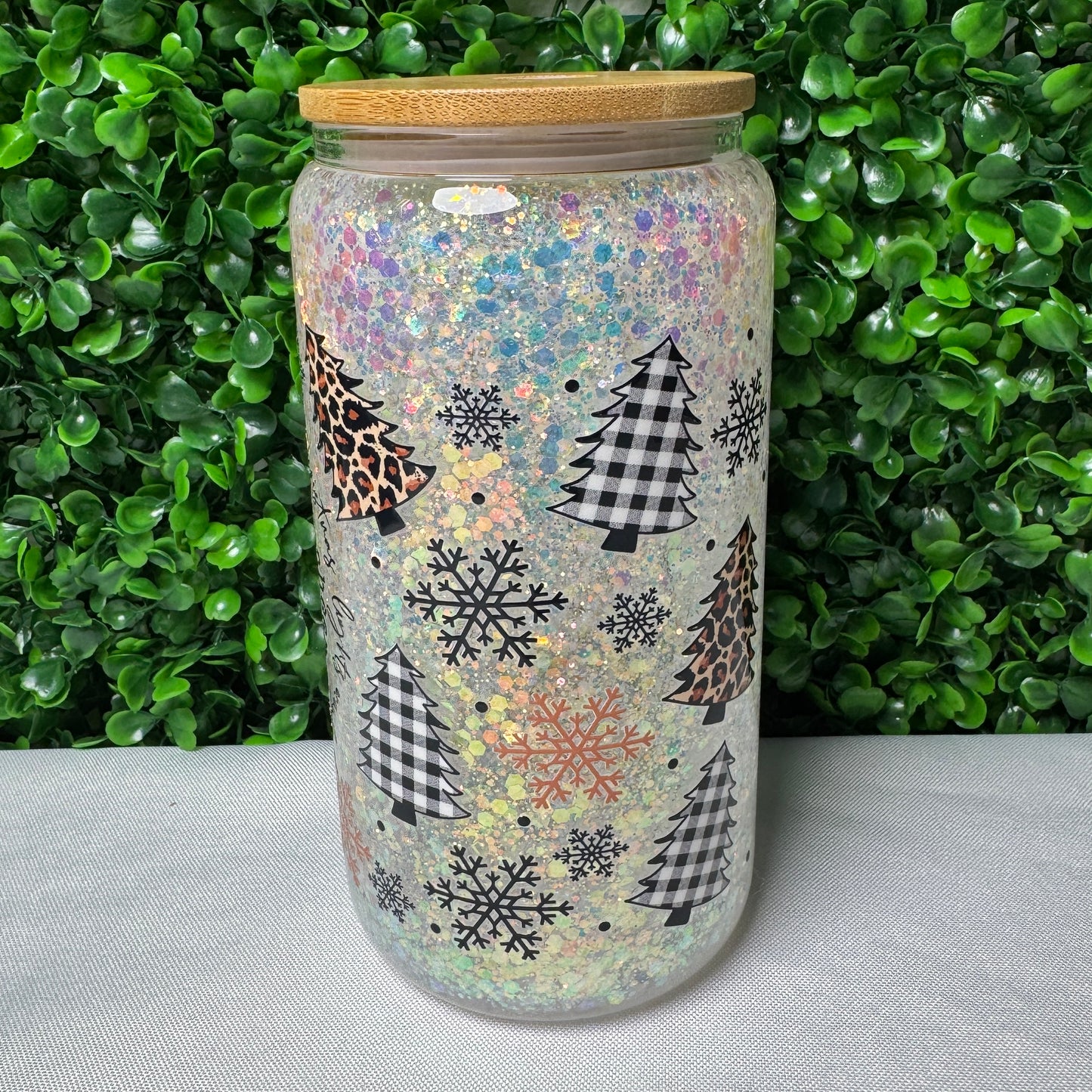 16oz Plaid and Animal Print Tree UVDTF glitter snowglobe cup