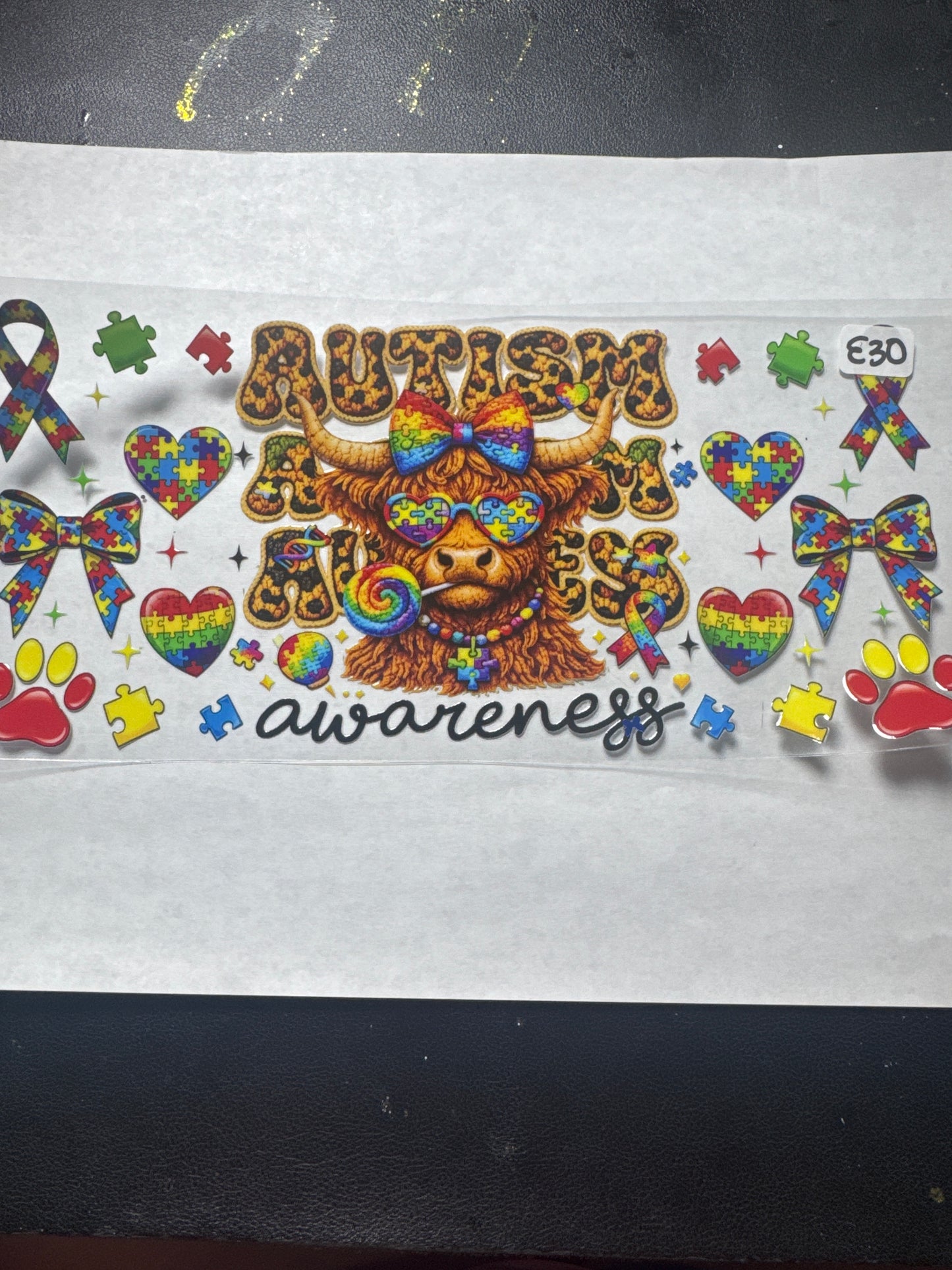 E 30 Autism awareness uvdtf wrap with a highland cow