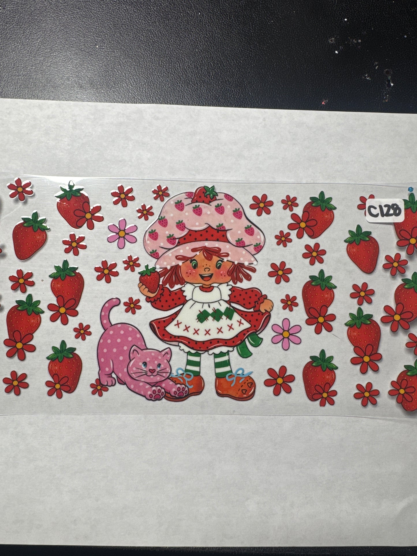 C128 Strawberry girl with pink cat and flowers uvdtf wrap