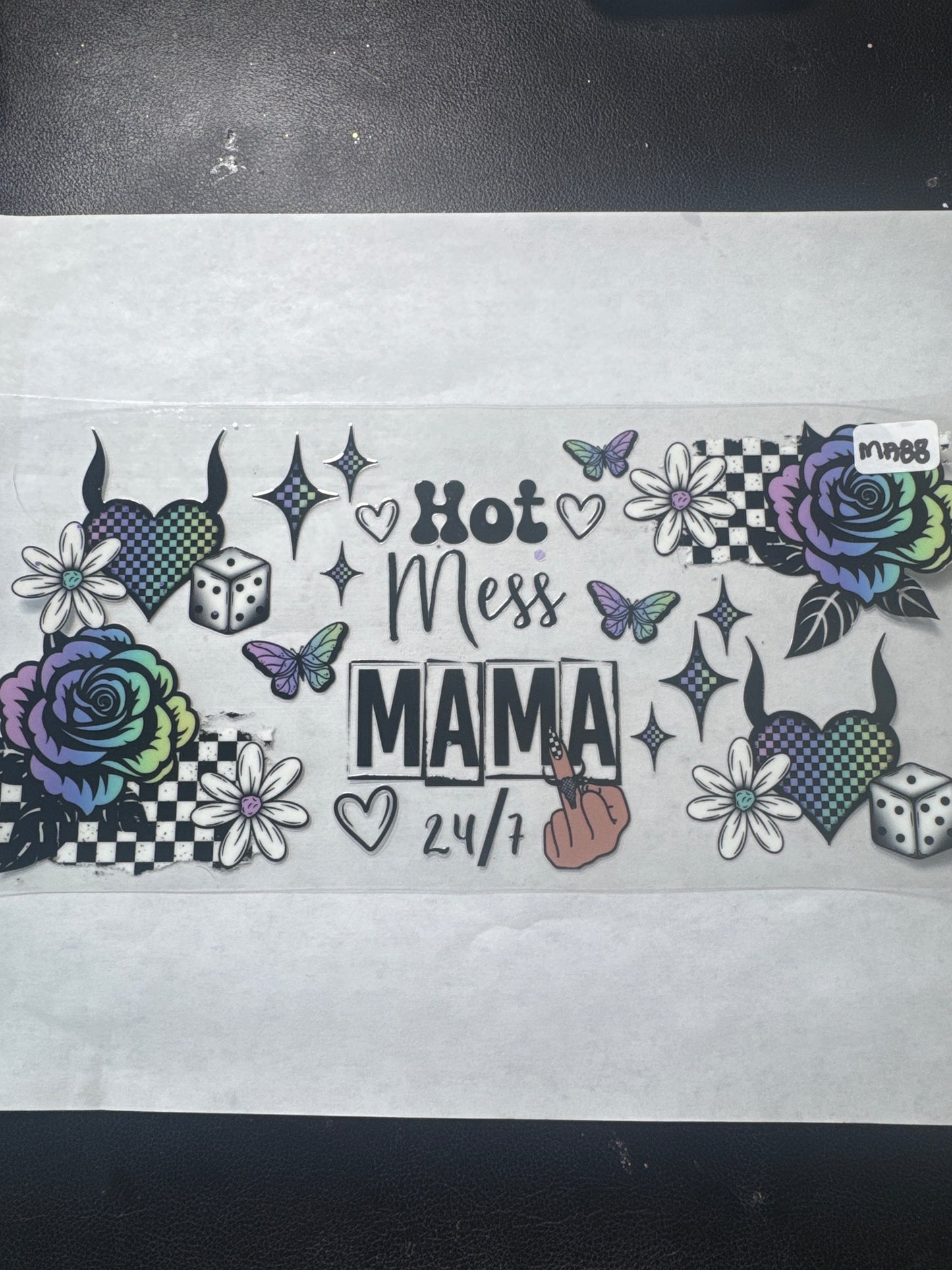 MA 88 Hot mess mama uvdtf wrap with checkers, flowers and hearts
