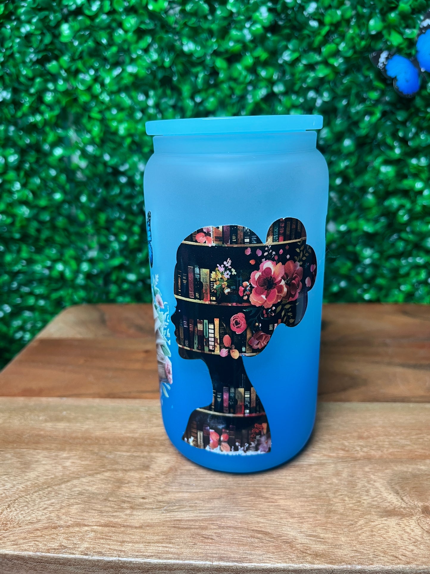 16oz Butterfly Books Girl UVDTF Glass Cup