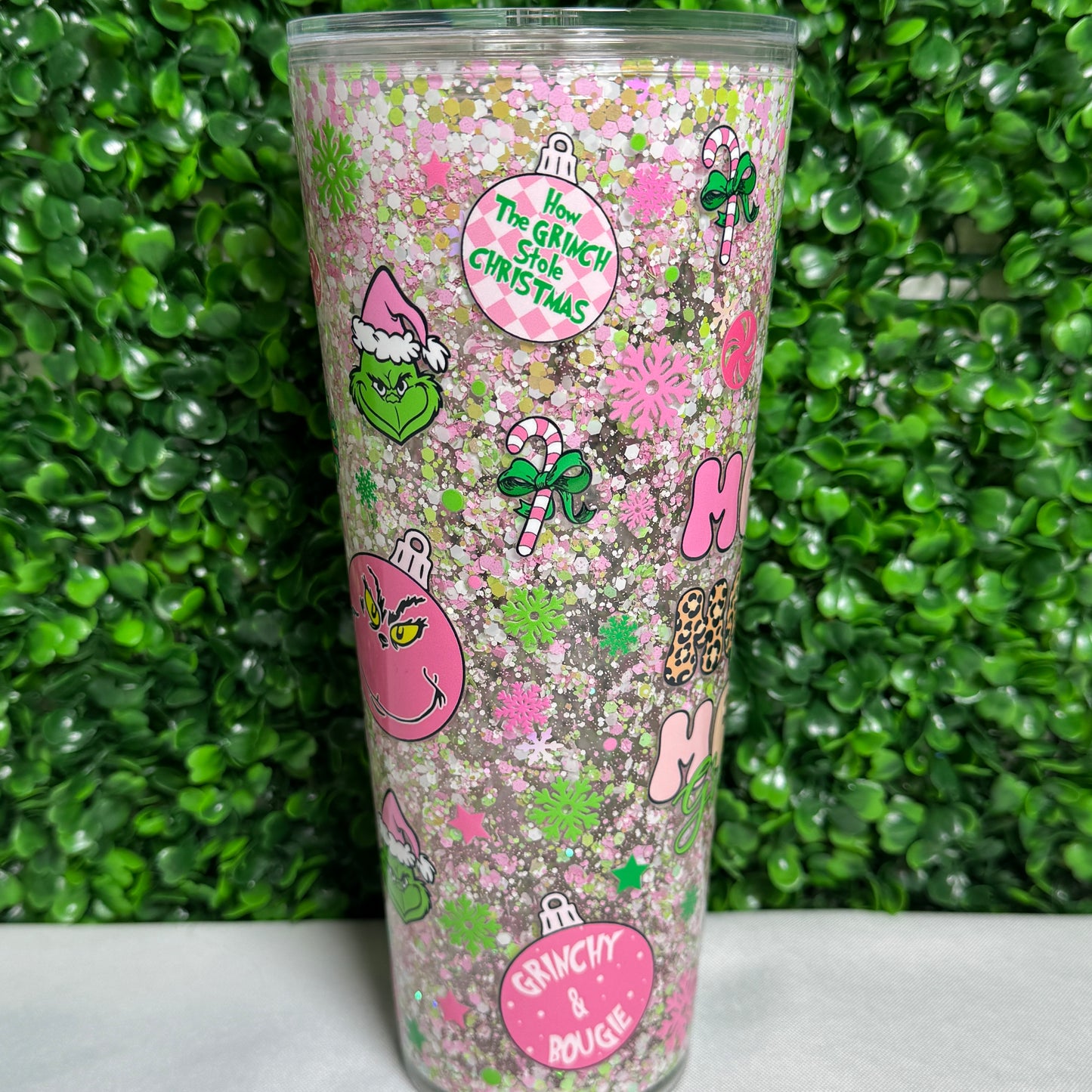 24oz Acrylic Pink Green Grumpy Man UVDTF snowglobe glitter tumbler cup
