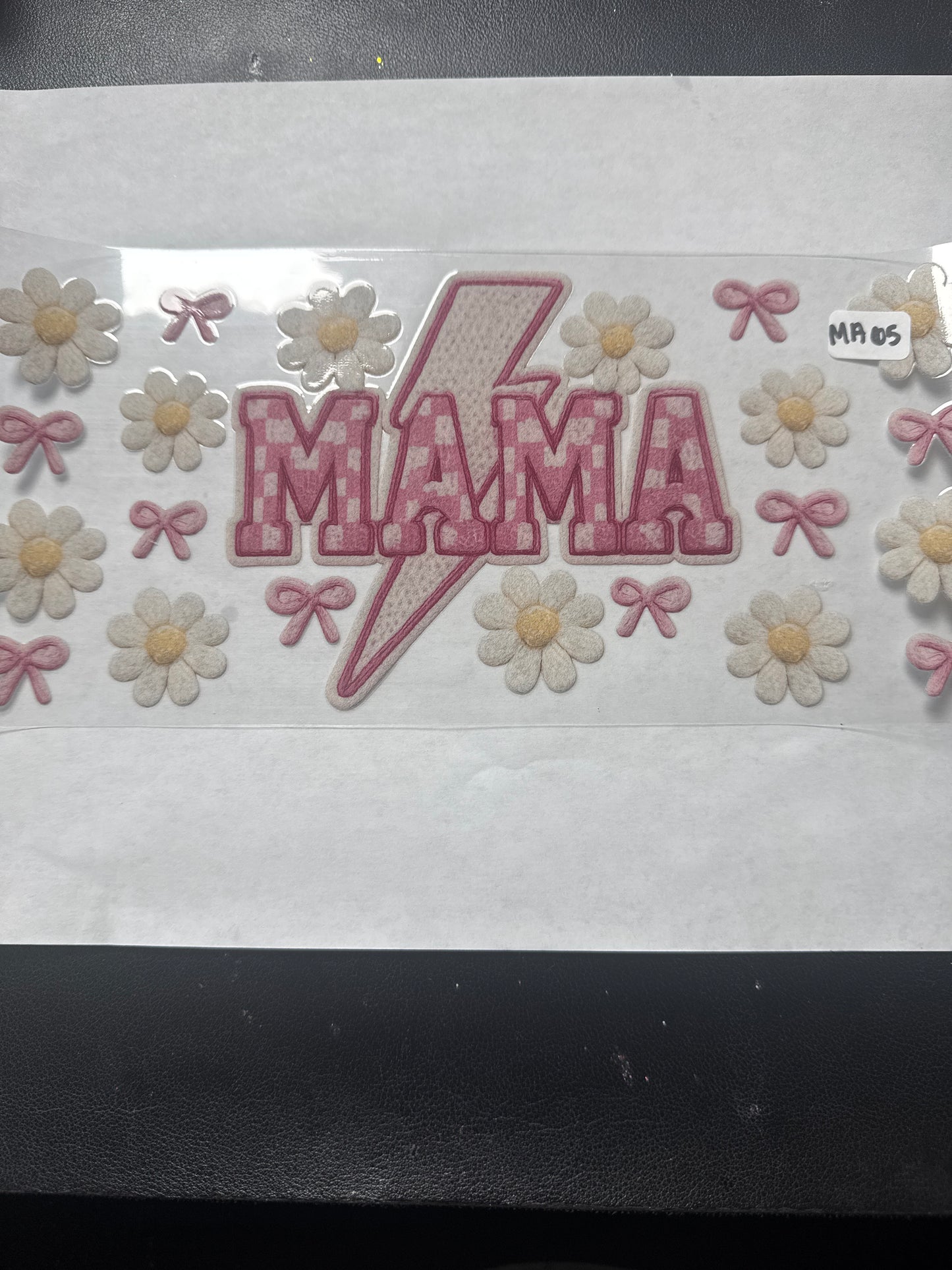 MA65 Pink checkered mama uvdtf wrap with bows flowers and lightning bolt