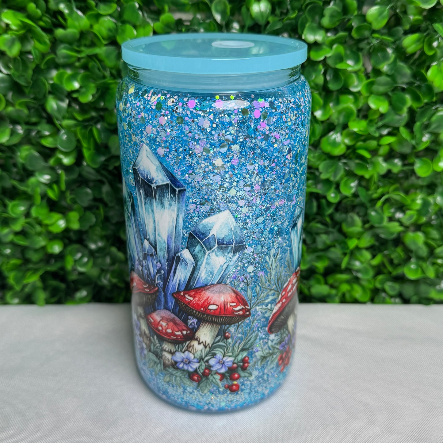 16oz Glass Crystal Mushroom UVDTF snowglobe glass cup