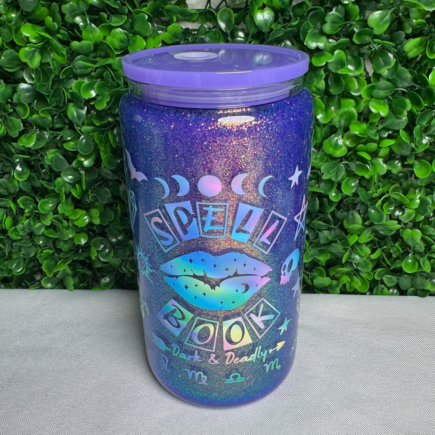 16oz Glass Spellbook Witchy UVDTF glitter snowglobe cup