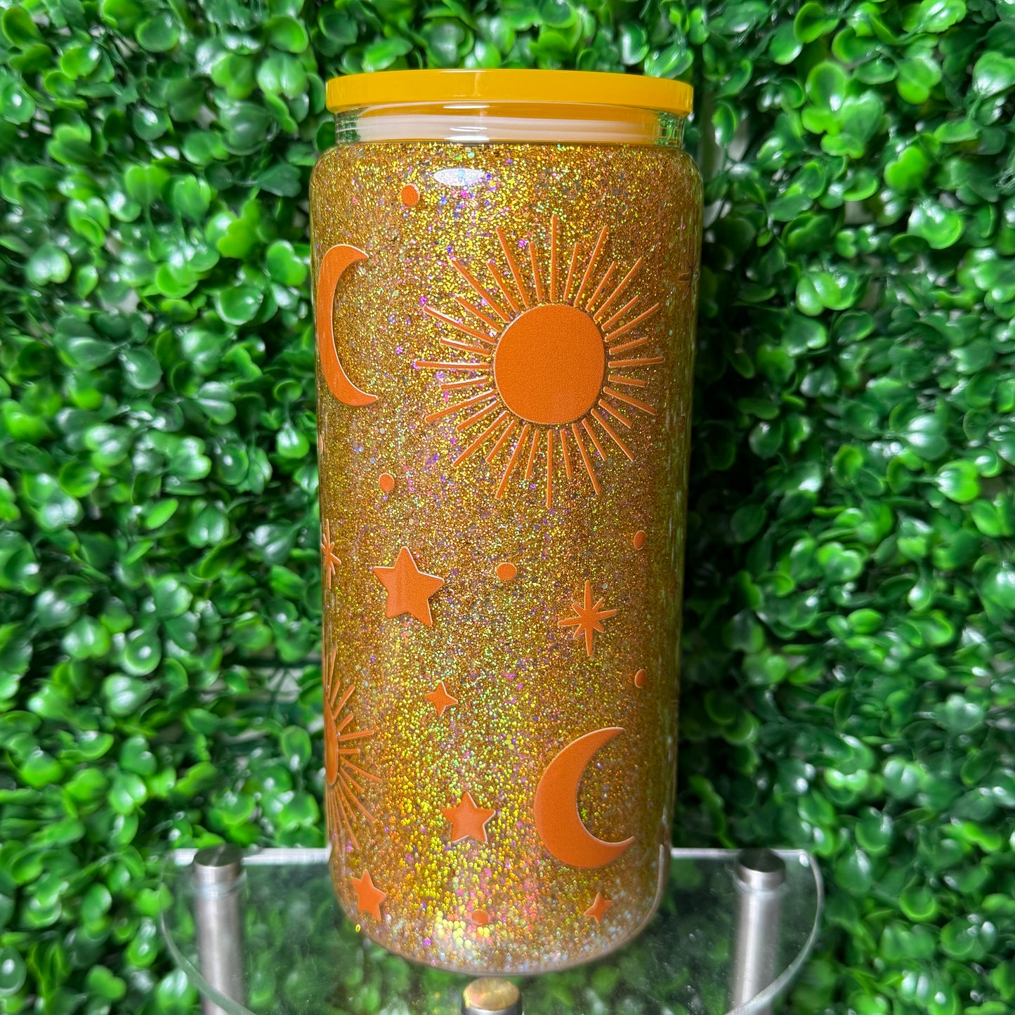 20oz Glass Sun and Moon UVDTF glitter Snowglobe cup