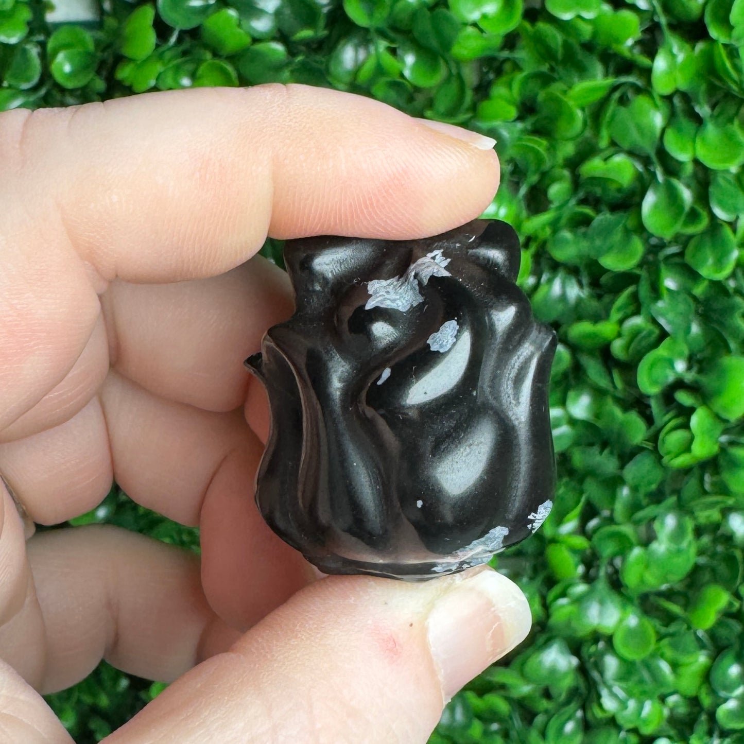 Snowflake obsidian fox carving