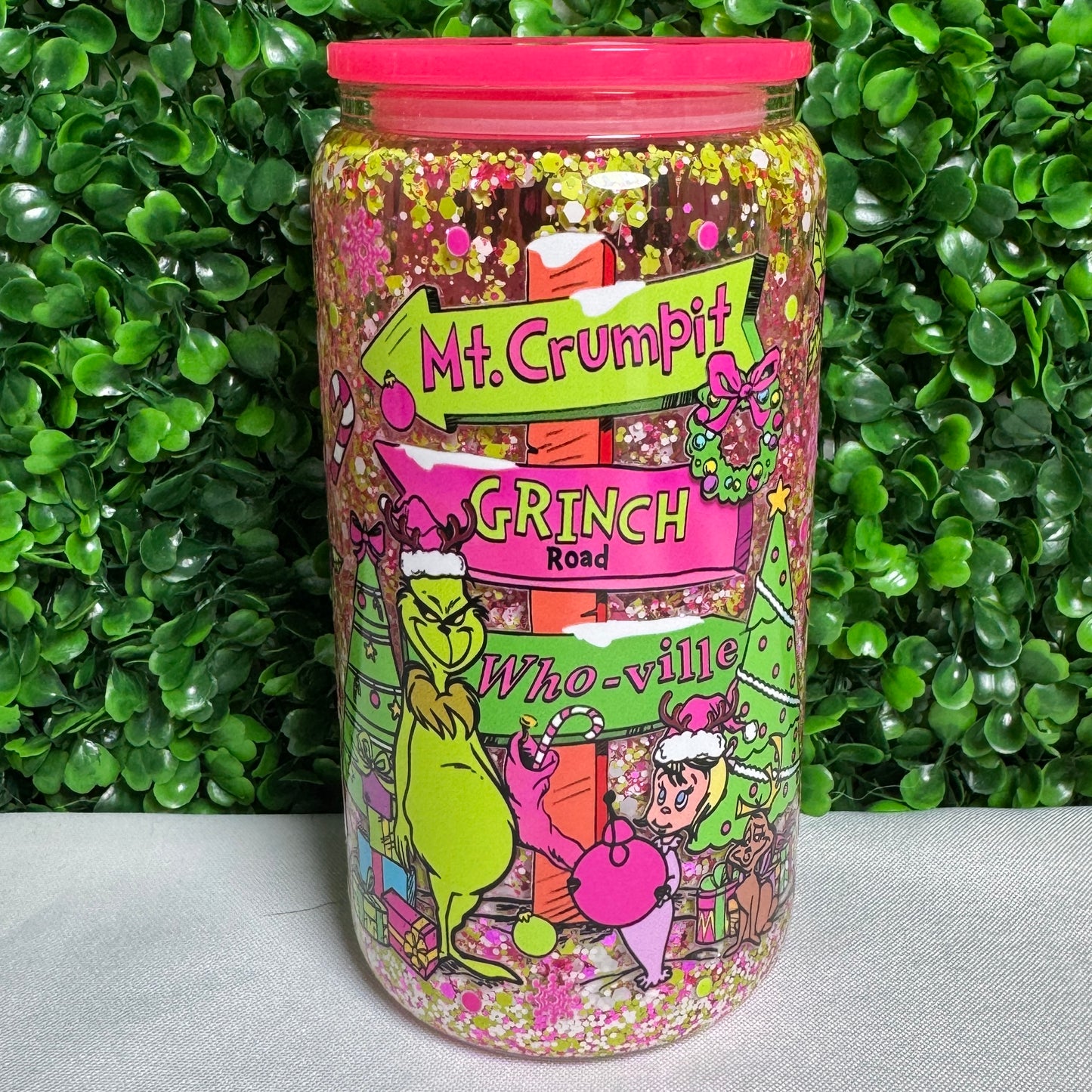 16oz Glass Grumpy Green Man UVDTF glitter snowglobe cups