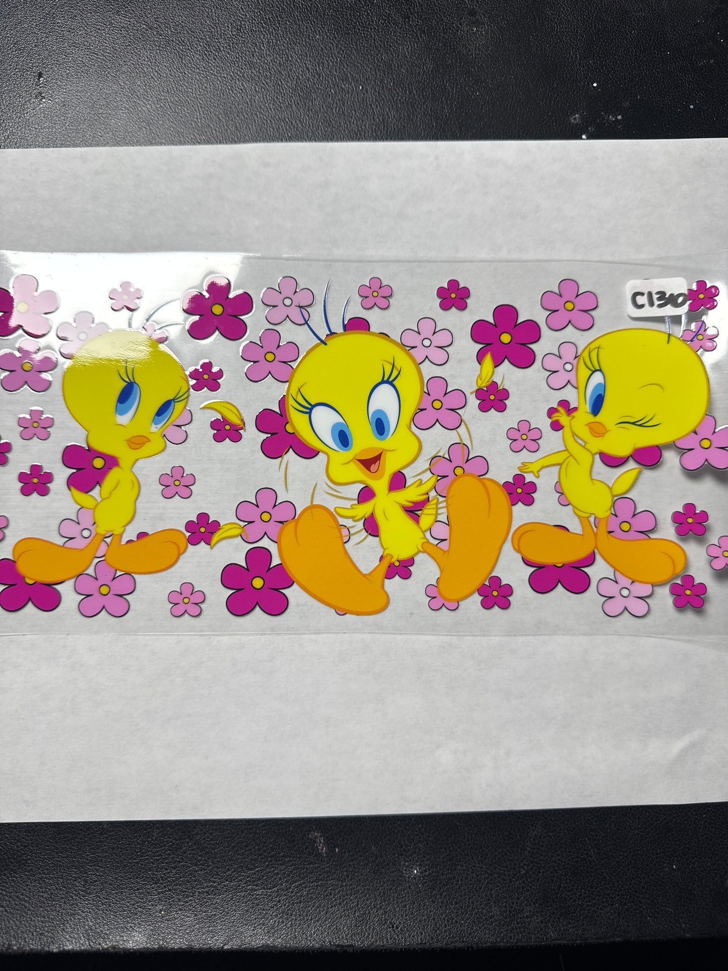 C136 yellow bird character with pink flowers uvdtf wrap