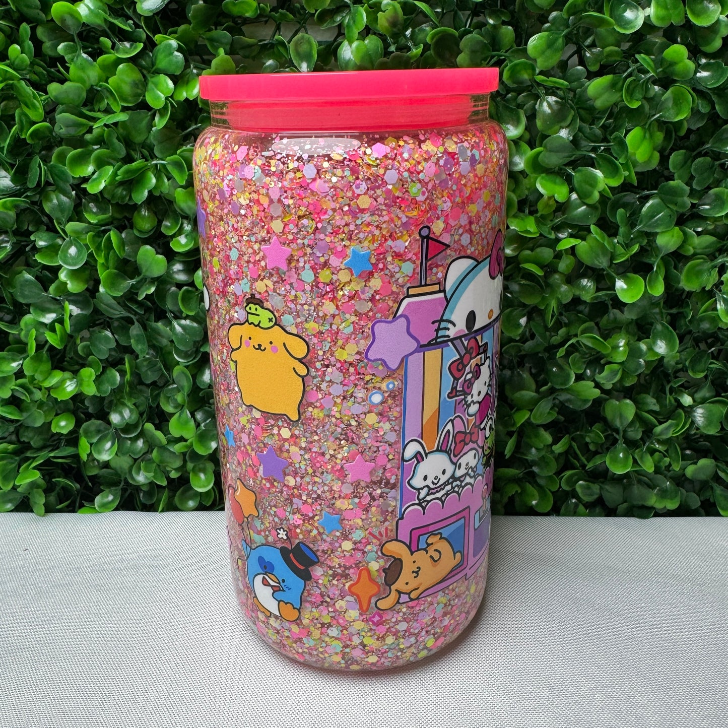 16oz Pink HK UVDTF Glitter snowglobe cup
