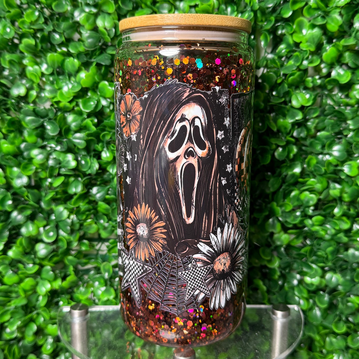 20oz Glass Ghostface UVDTF Snowglobe glitter cup