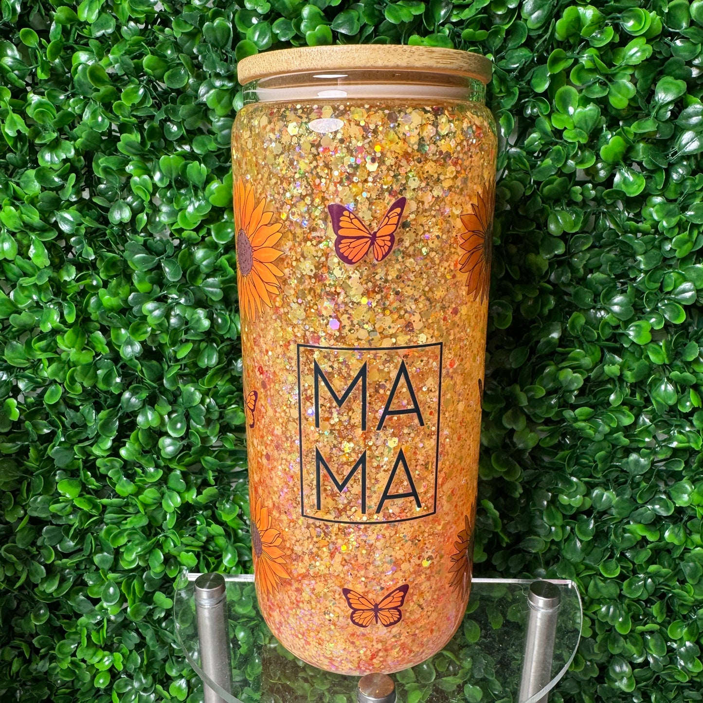 20oz Sunflower Mama UVDTF glass glitter snowglobe cup with handle