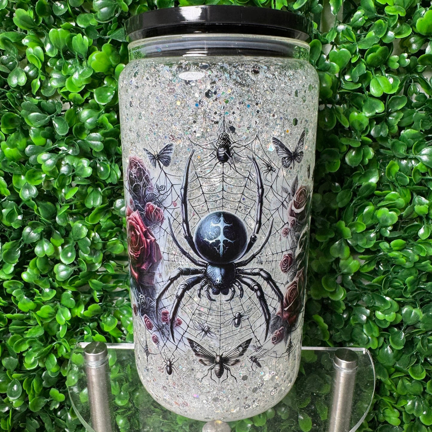 16oz Glass Spider UVDTF glitter Snowglobe cup