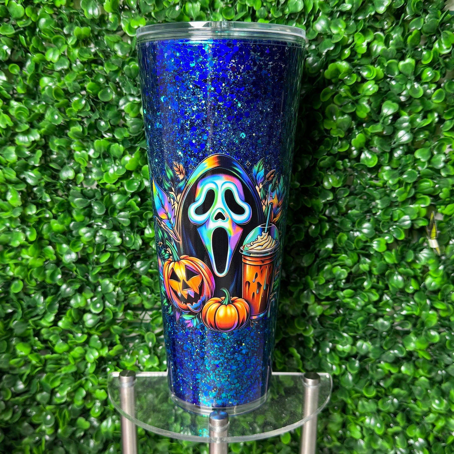 24oz Blue Ghostface UVDTF acrylic glitter Snowglobe tumbler cup