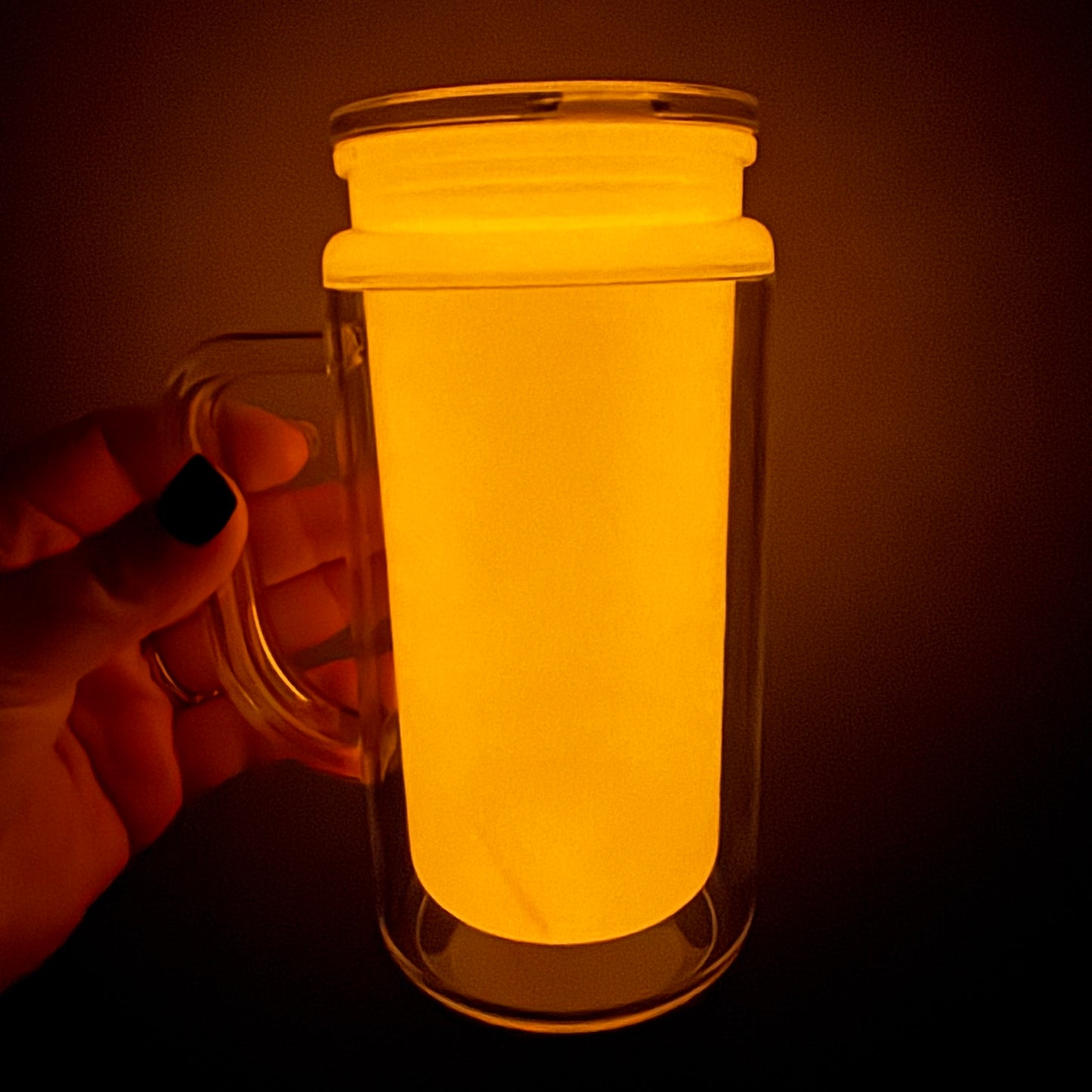 16oz acrylic glow in the dark snowglobe tumbler with handle (ORANGE GLOW)