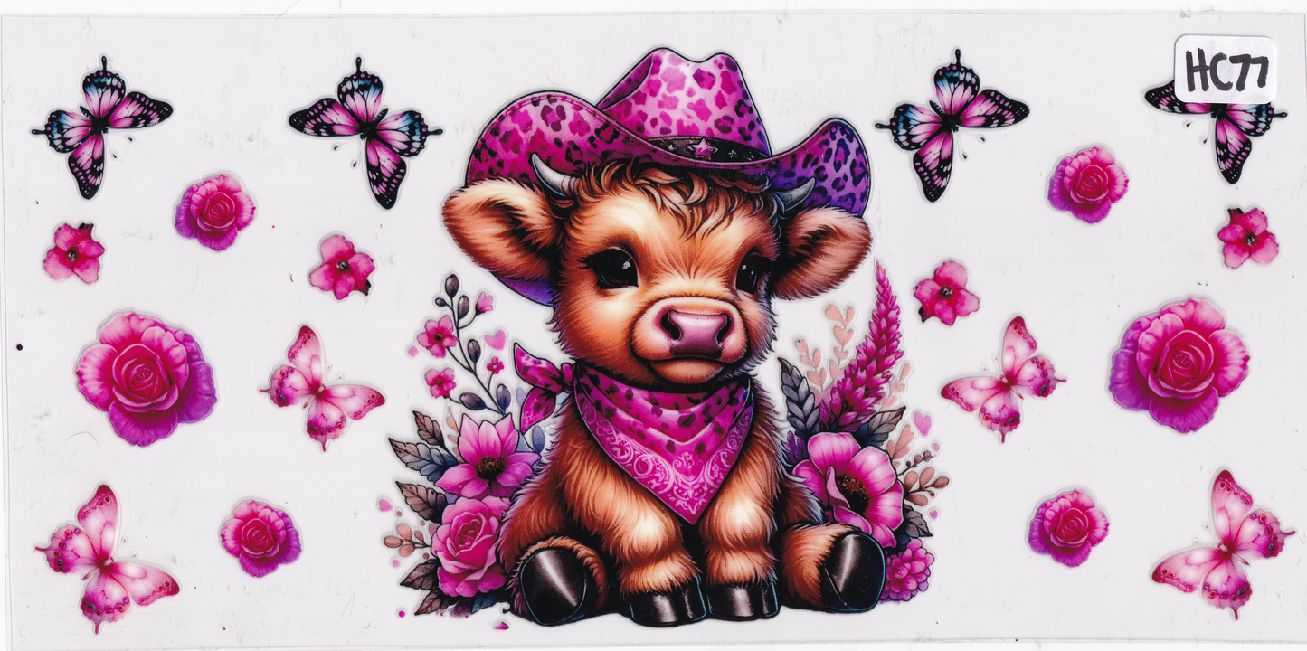 HC77 Highland Cow Cowboy Butterflies Flowers UVDTF Wrap