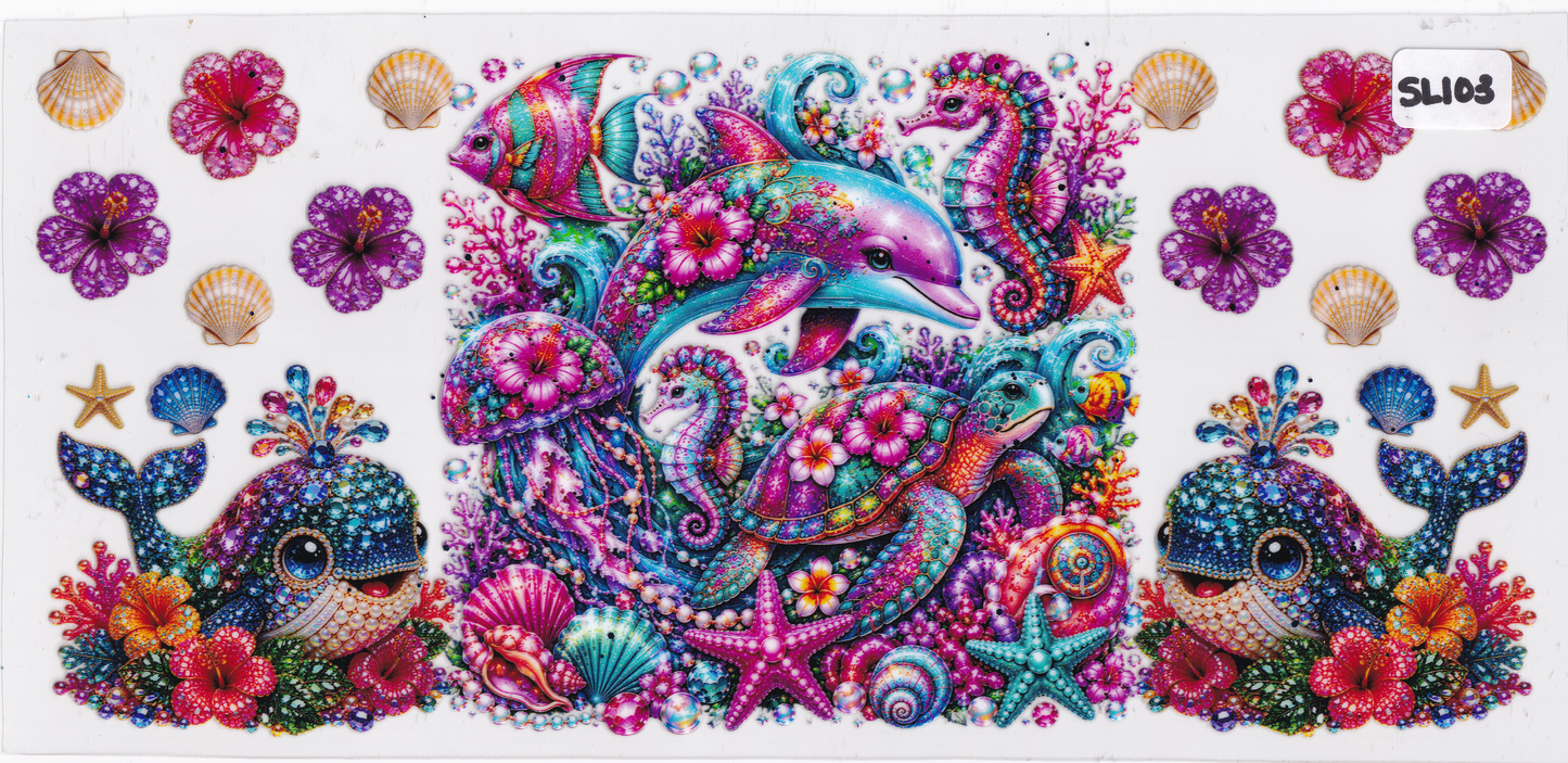 SL103 Dolphin Sea Turtle Whale Flowers UVDTF Wrap