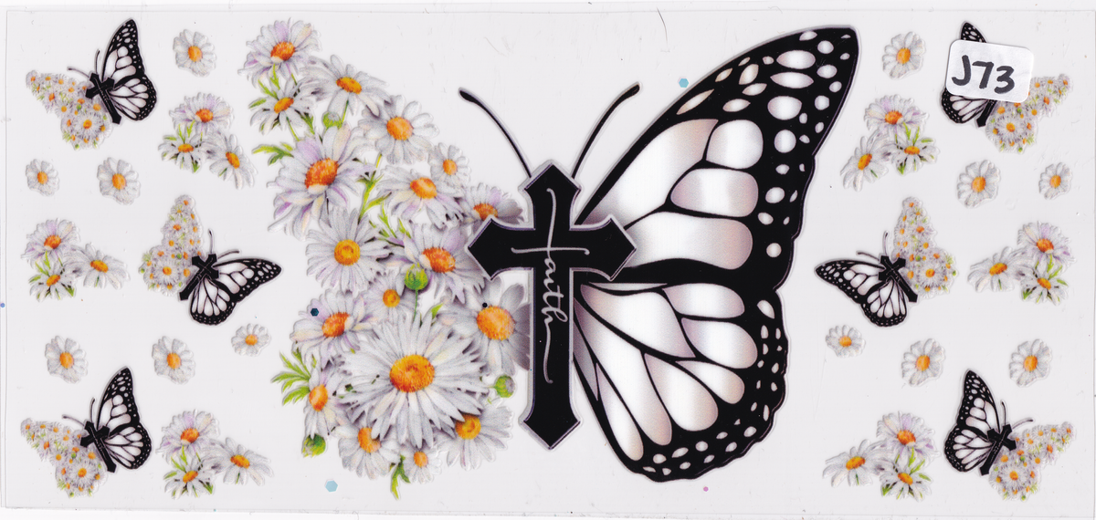 J73 Religion Butterflies Flowers Cross UVDTF Wrap