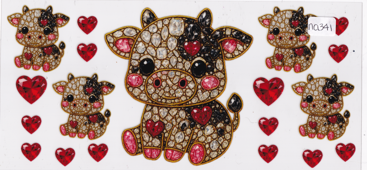 NA341 Highland Cow Gems Hearts UVDTF Wrap