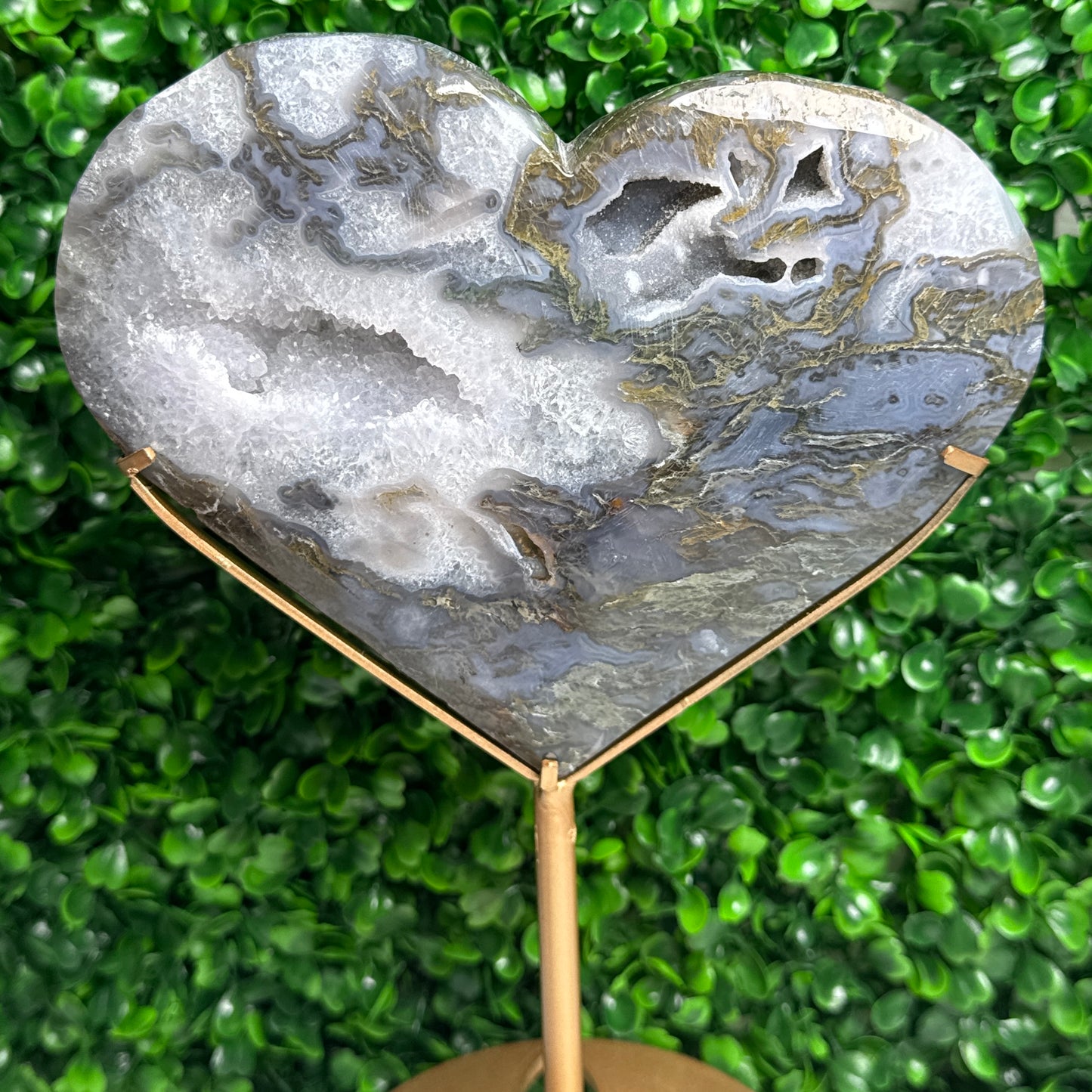 Large statement Moss Agate Heart on a stand