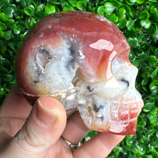 Druzy pink Sea Jasper Skull Carving