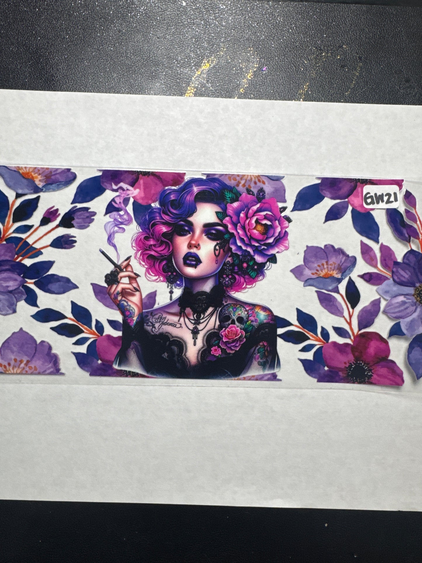GW21 purple hair goddess with purple flowers uvdtf wrap