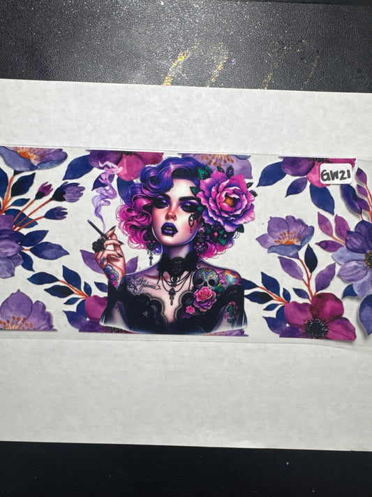 GW21 purple hair goddess with purple flowers uvdtf wrap