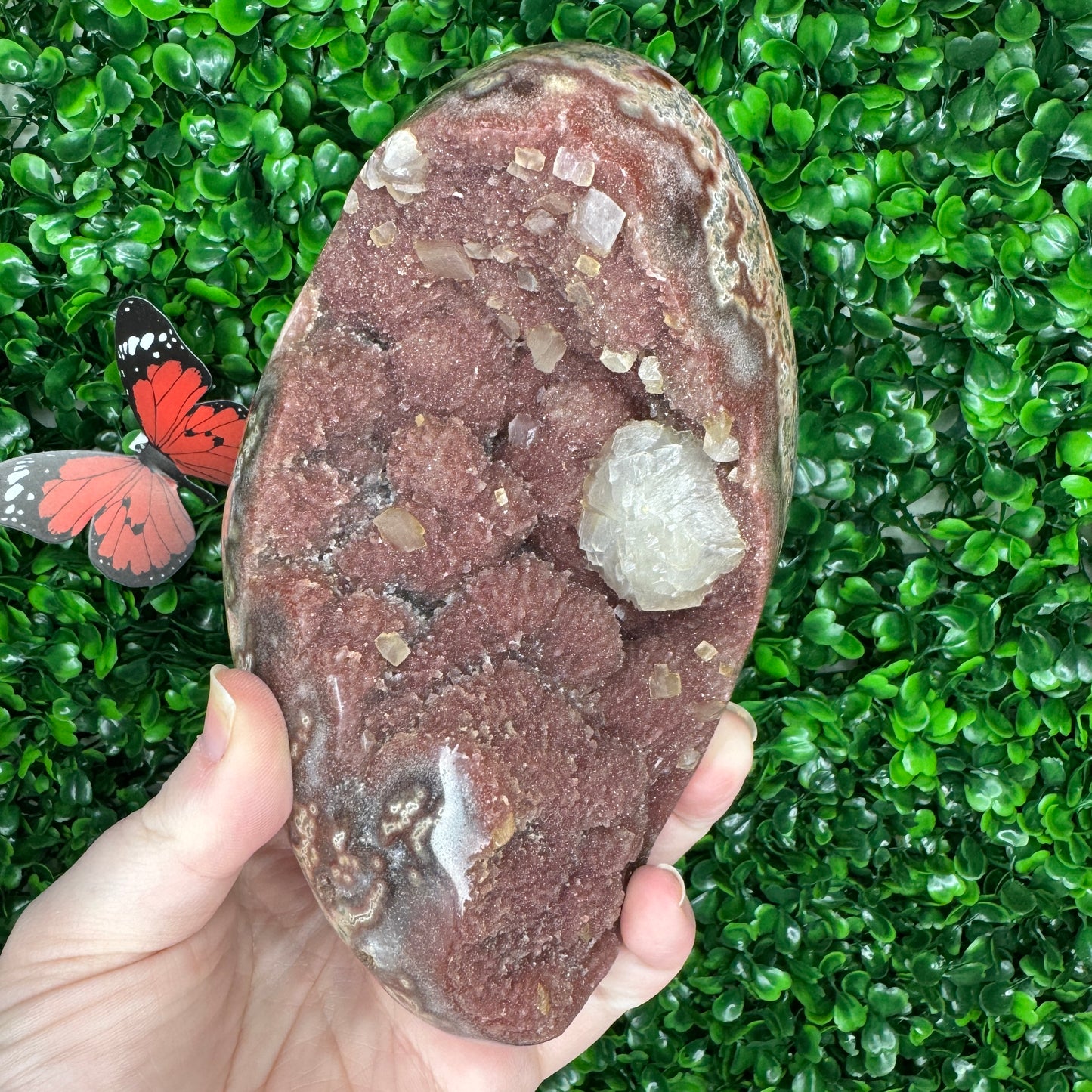 Statement Red Amethyst Freeform on a stand with red Jasper and calcite inclusions