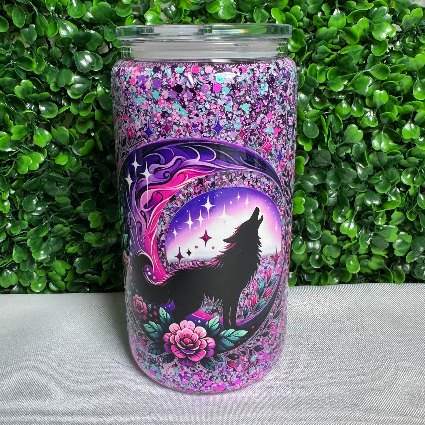 16oz glass wolf Uvdtf glitter snowglobe cup