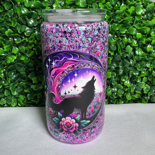 16oz glass wolf Uvdtf glitter snowglobe cup