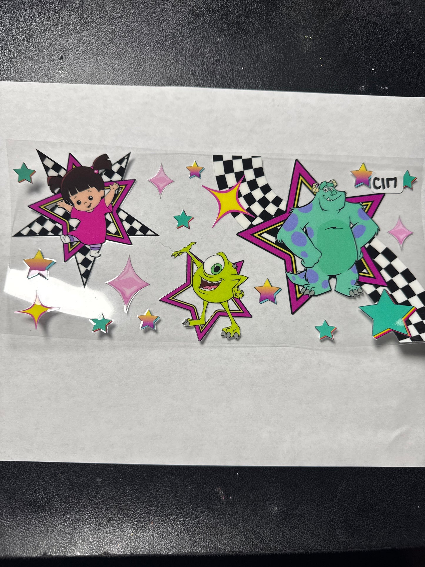 C117 Blue and green monster character with checkers and stars uvdtf wrap