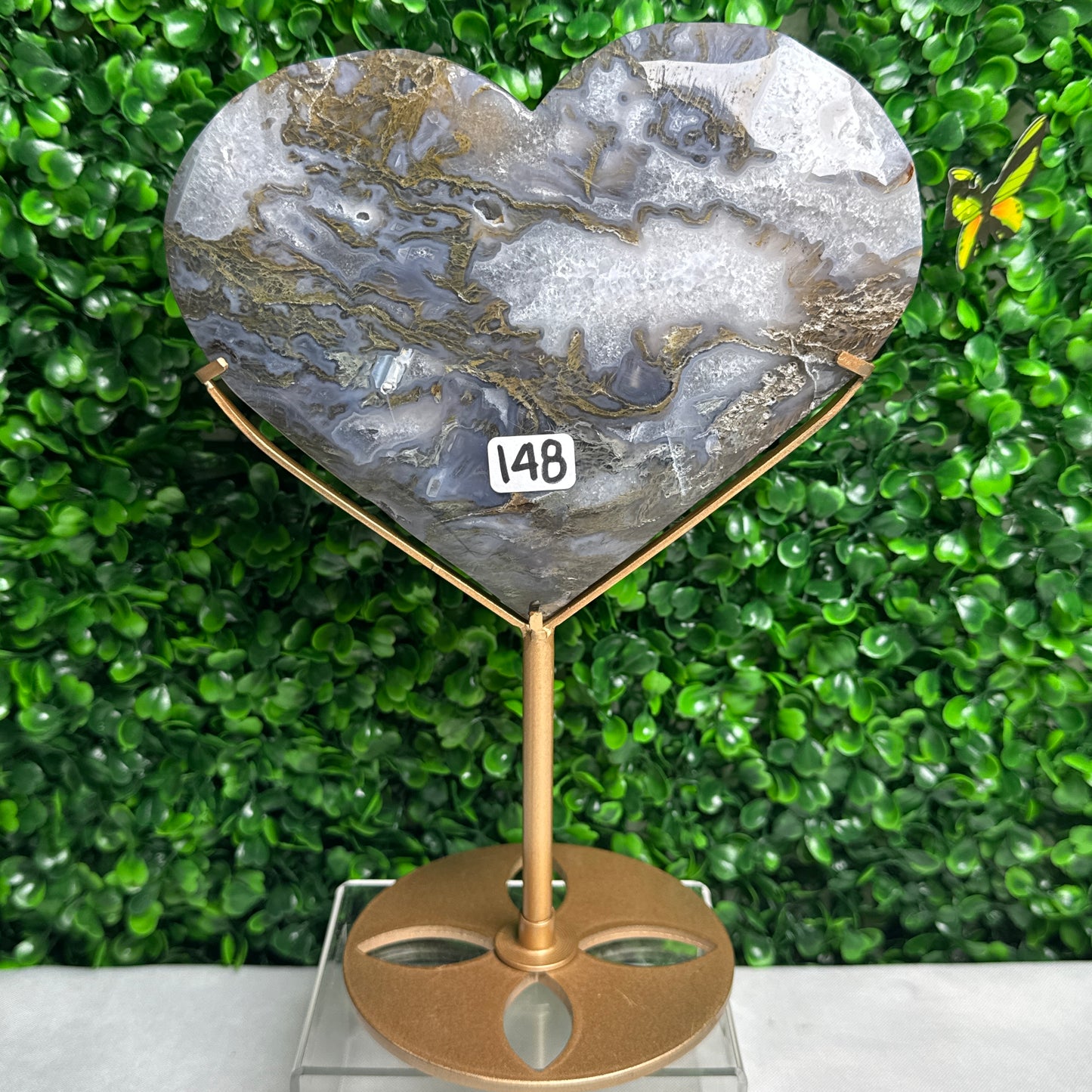 Large statement Moss Agate Heart on a stand