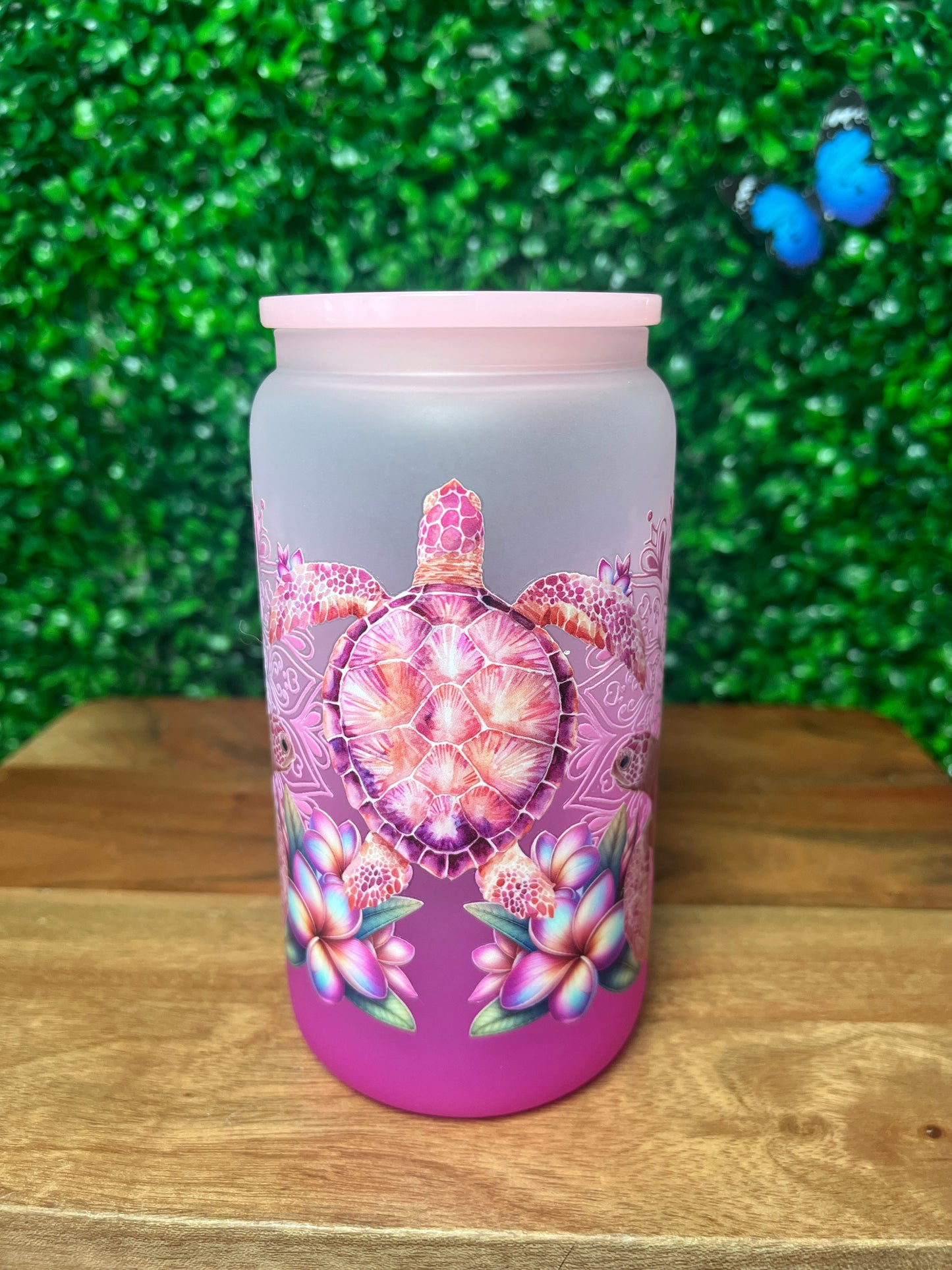 16oz Turtle Flower UVDTF Glass Cup