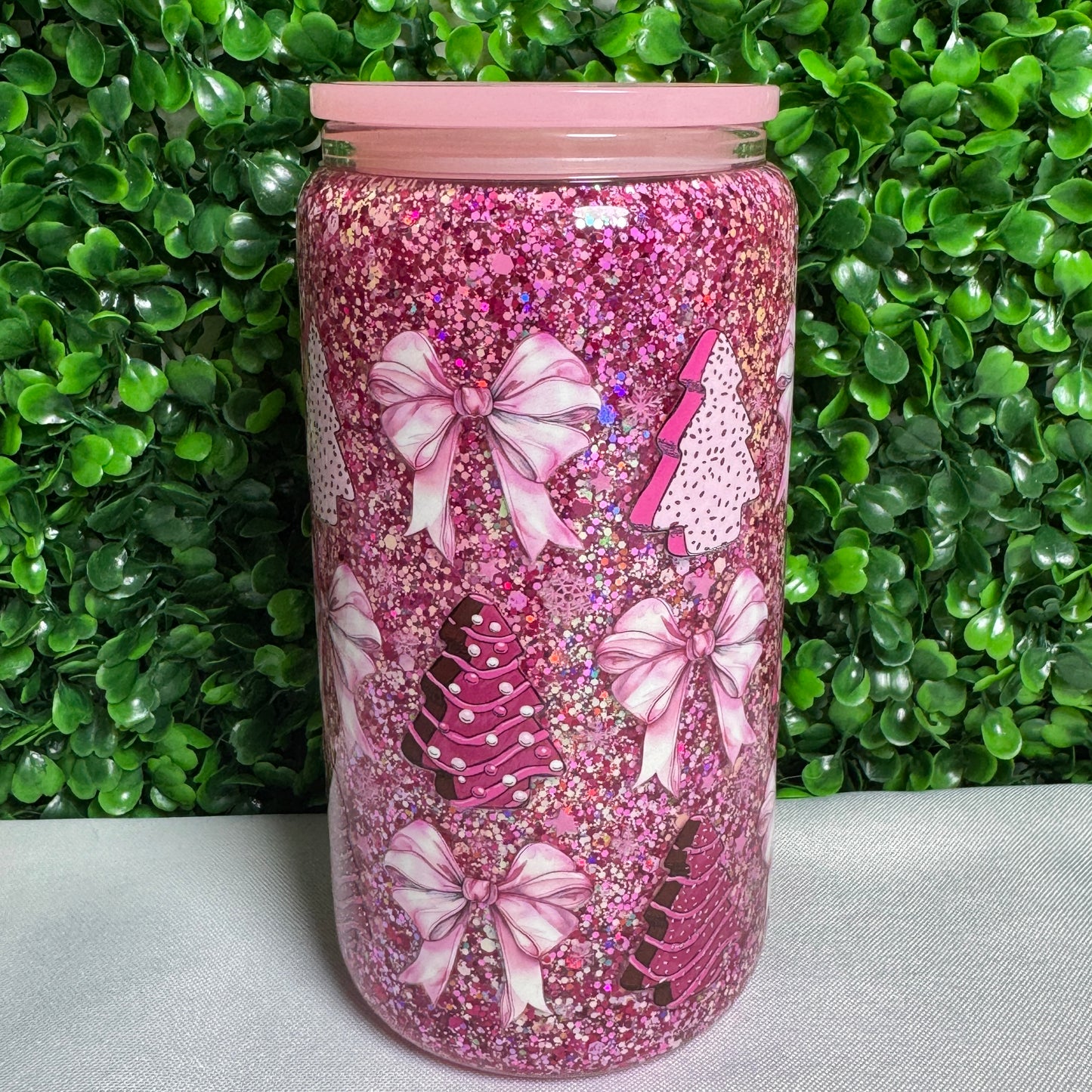 16oz Glass Pink Cookie Trees and Bows UVDTF glitter snowglobe cup