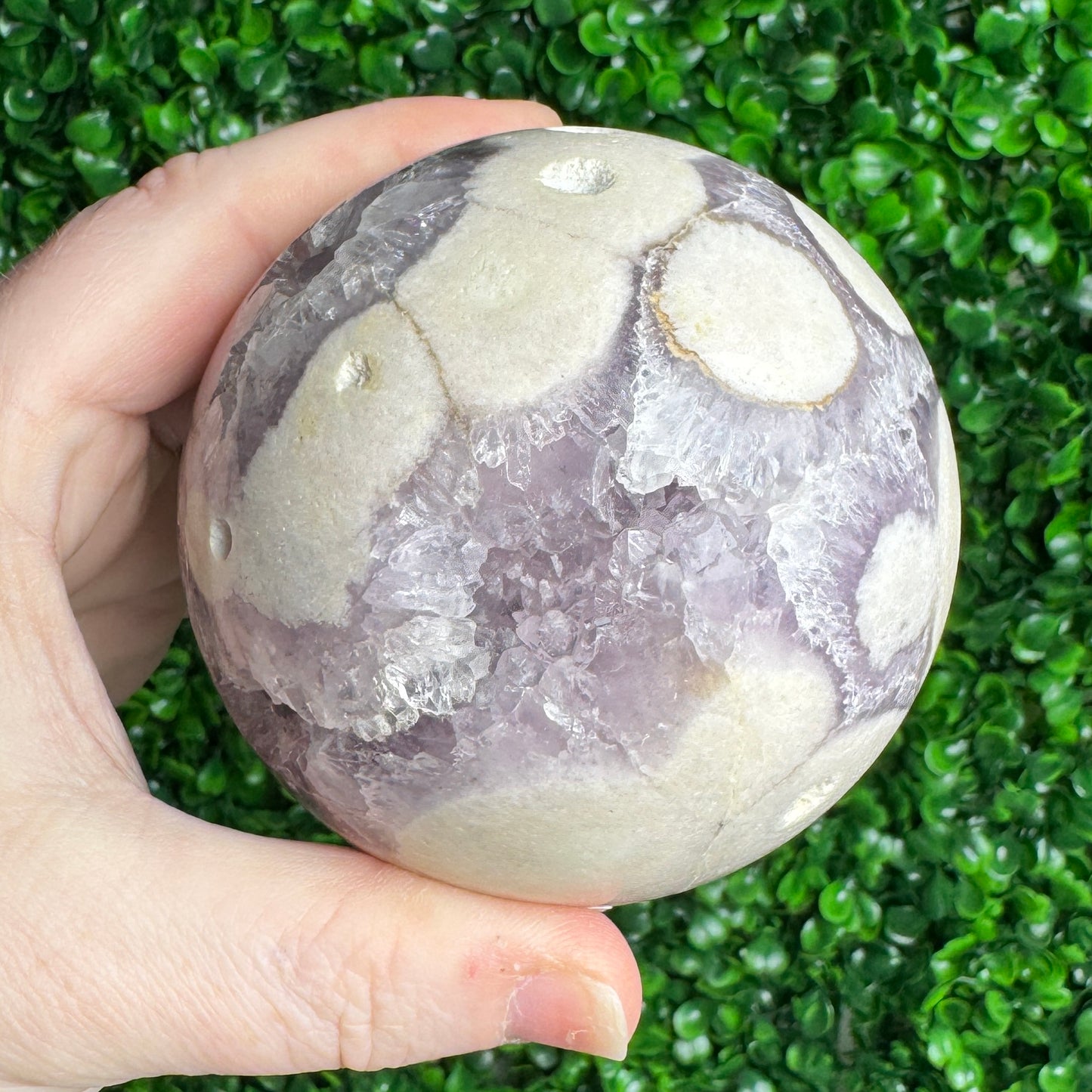 Large Purple Amethyst with Flower Agate sphere