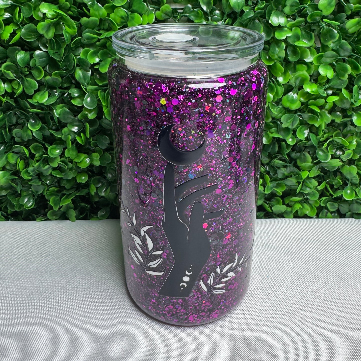 16oz Glass Witchy Hand UVDTF Snowglobe glitter cup