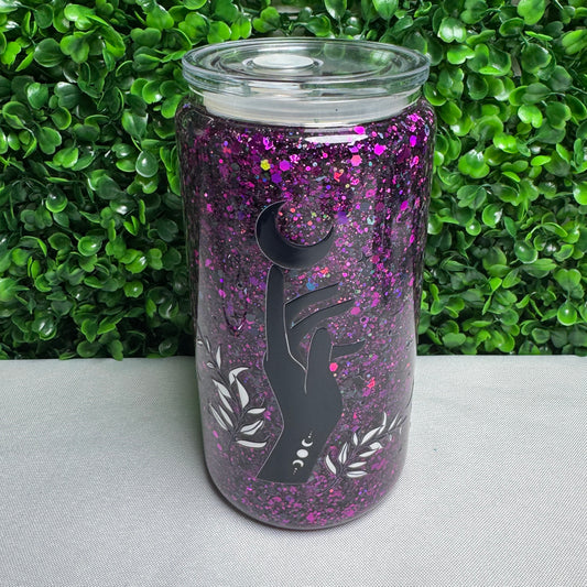 16oz Glass Witchy Hand UVDTF Snowglobe glitter cup