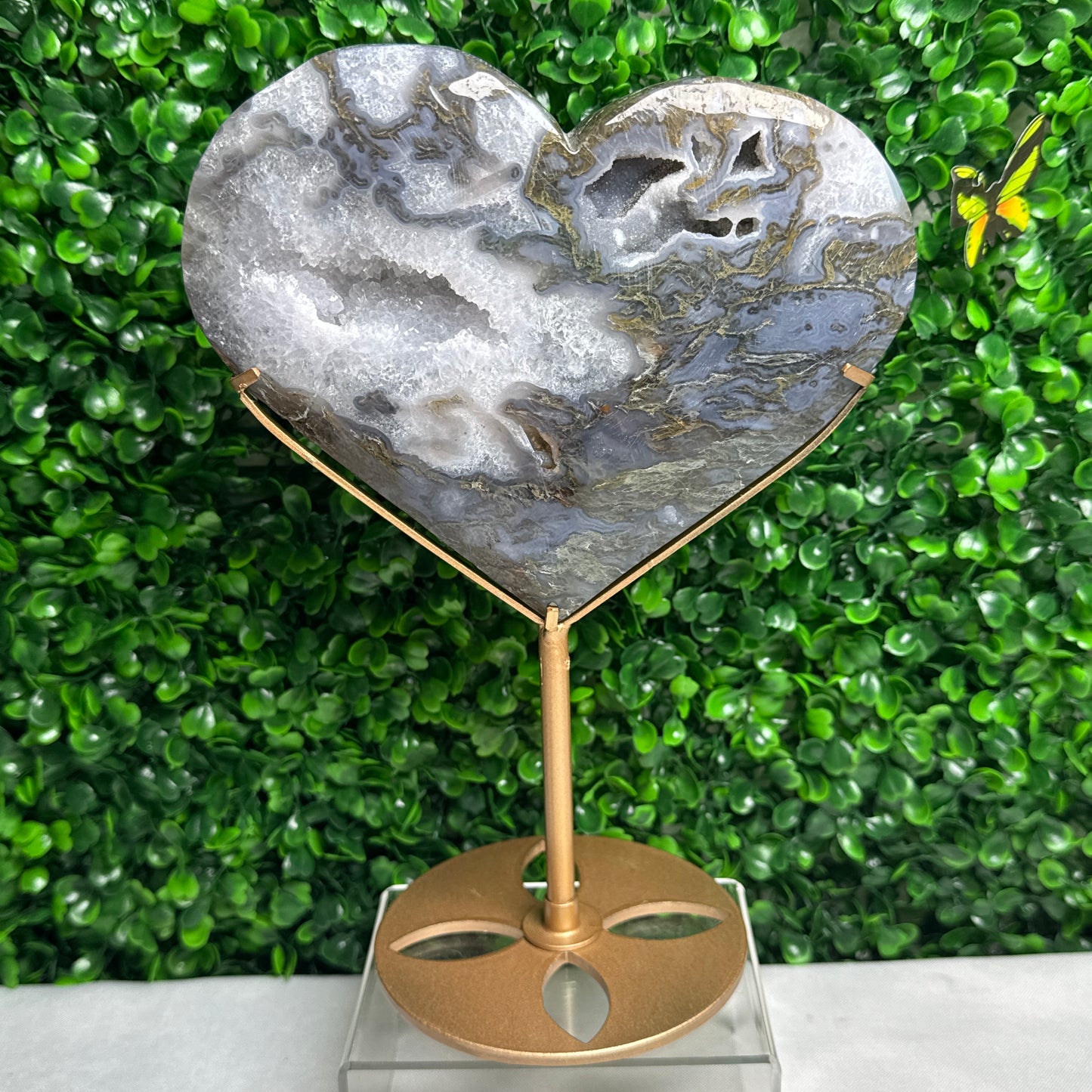 Large statement Moss Agate Heart on a stand