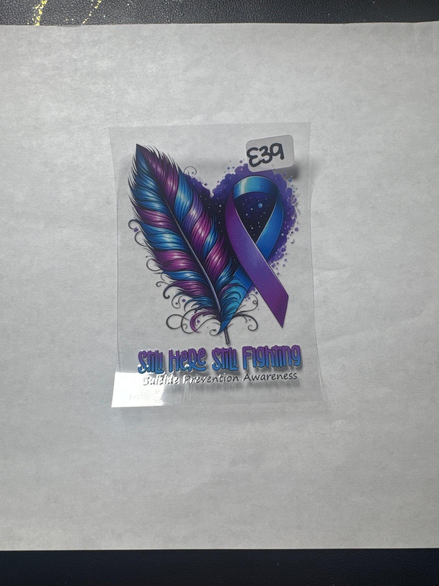 E 39 suicide awareness ribbon and feather wrap/decal