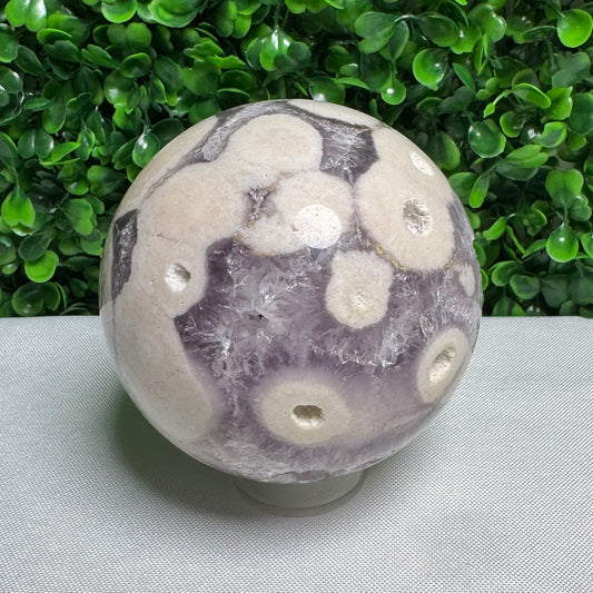 Large Purple Amethyst with Flower Agate sphere