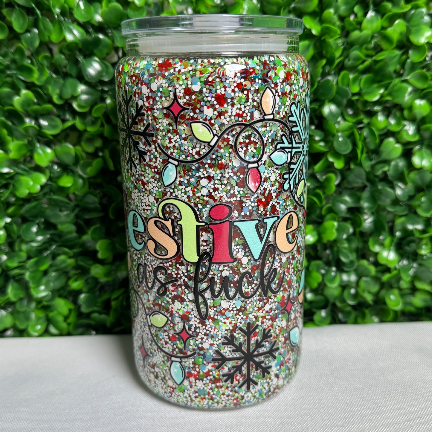 16oz Glass Festive AF UVDTF glitter snowglobe cup