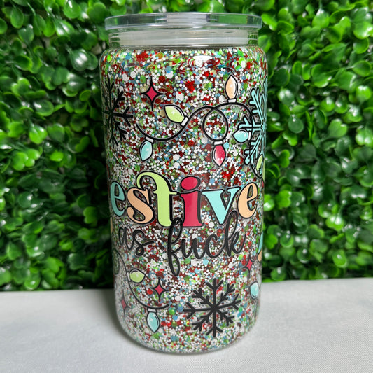 16oz Glass Festive AF UVDTF glitter snowglobe cup
