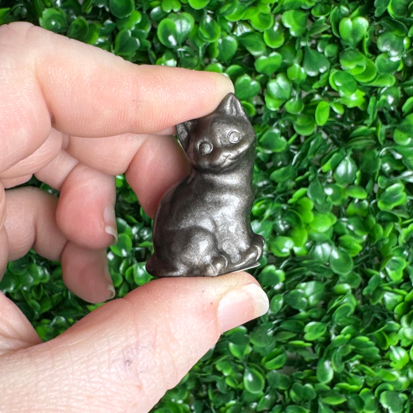 Silver sheen obsidian Kitty Carving