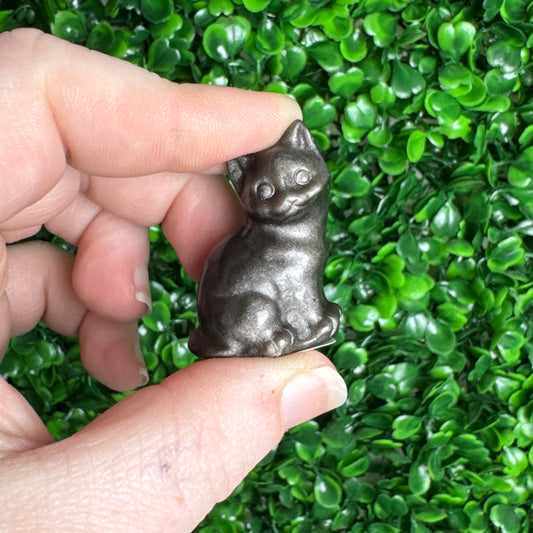 Silver sheen obsidian Kitty Carving